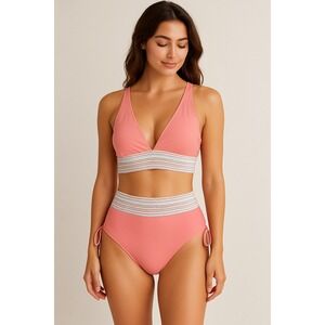 Blooming Jelly Womens‎ Bikini set Size M Pink Knit Swimwear Boho High Waist